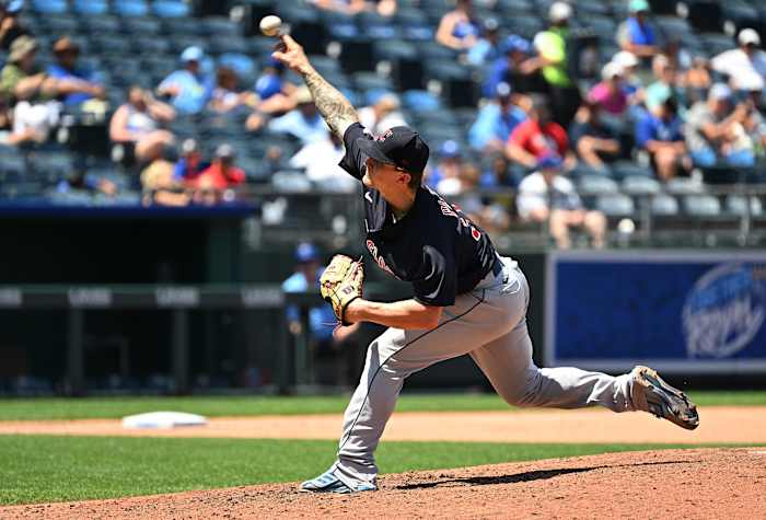 Jul 10, 2022; Kansas City, Missouri, USA; Cleveland Guardians starting pitcher Zach Plesac (34) delivers a pitch during the fourth inning against the Kansas City Royals at Kauffman Stadium. Mandatory Credit: Peter Aiken-USA TODAY Sports